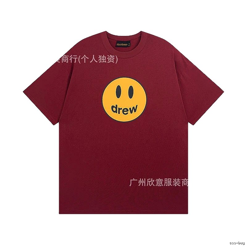 DREW Smiley Face Streetwear Style Burgundy Short Sleeve T-Shirt