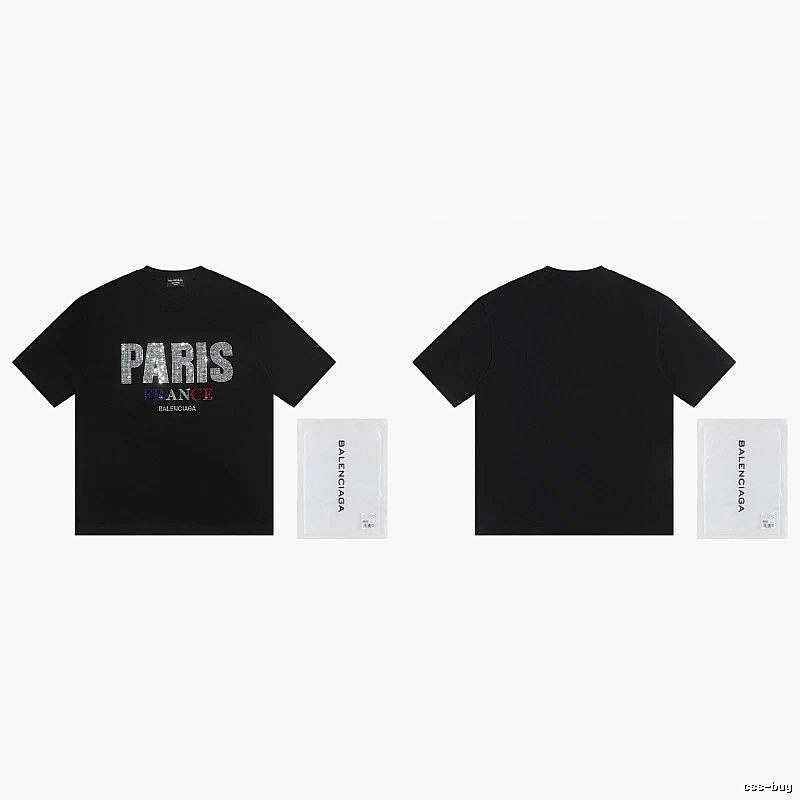 Balenciaga PARIS Rhinestone-Embellished Streetwear Black T-Shirt