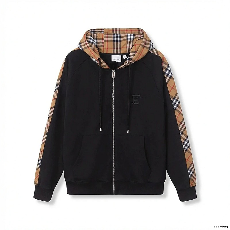 Burberry checkered pattern spliced black hoodie