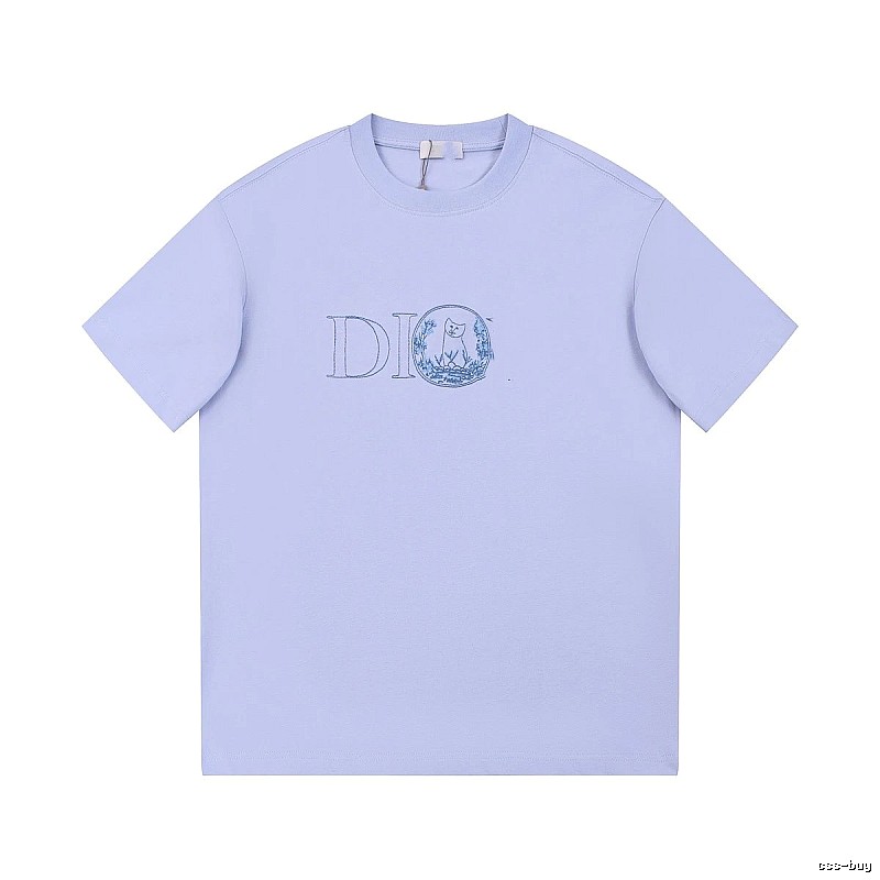 Dior Cat-Embroidered Casual Light Purple Short-sleeve T-Shirt