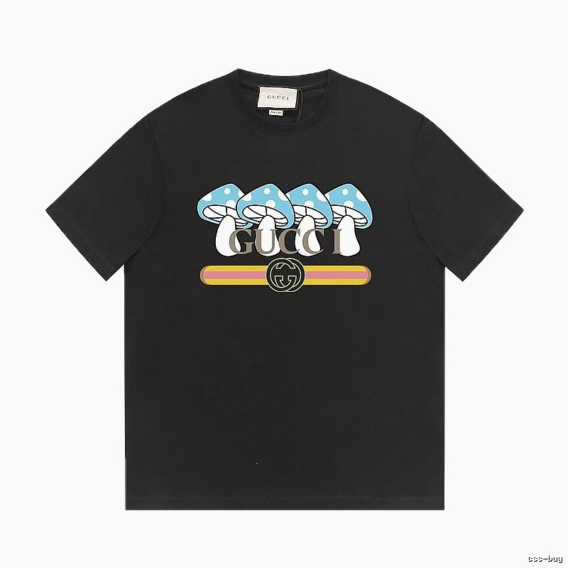 Gucci Mushroom Print Cool and Trendy Style Black Short-sleeve T-shirt