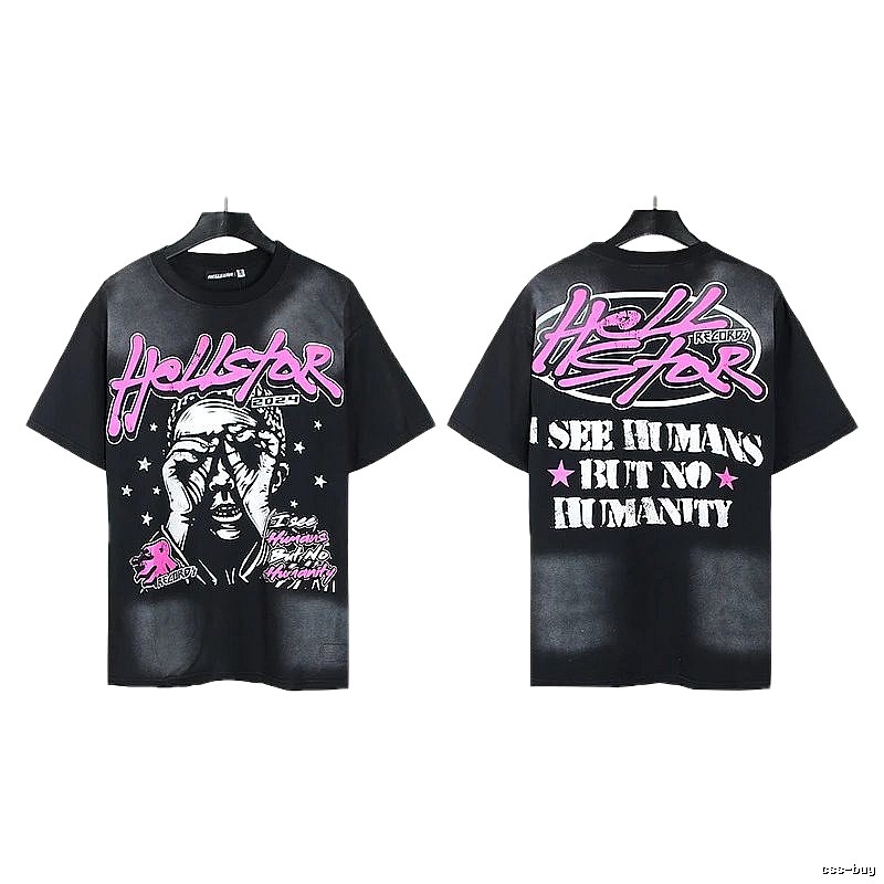 Hellstar Portrait Print Street Style Black and Pink Short-sleeve T-shirt