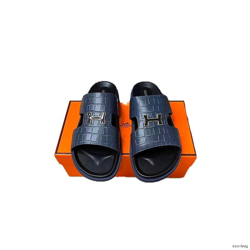Hermès H-Buckle Collection Light Luxury Style Navy Blue Slides