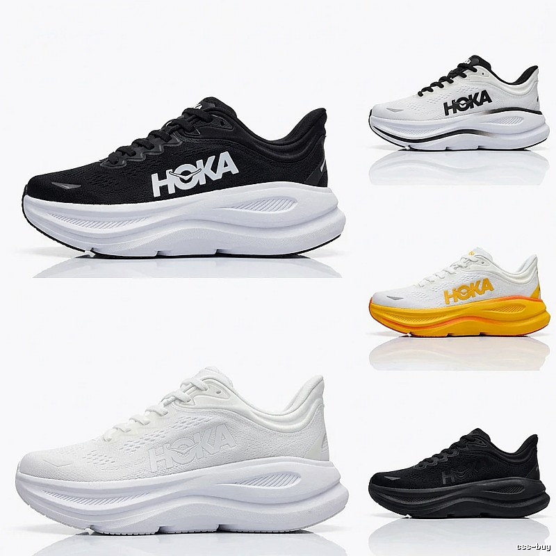 HOKA Bondi 9 black and white athletic shoes