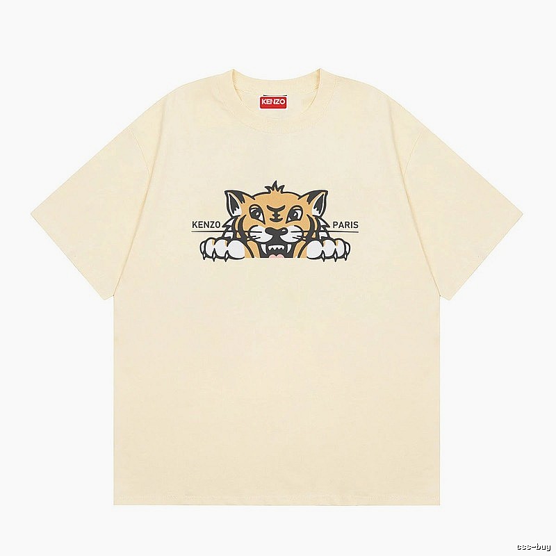 KENZO Tiger Head Print Streetwear Style Beige Short Sleeve T-Shirt
