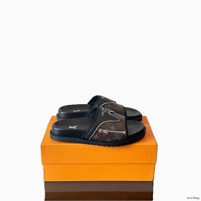 Louis Vuitton Classic Monogram Light Luxury Style Brown and Black Slides