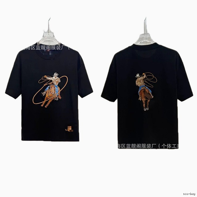 Louis Vuitton Vintage Style Black T-Shirt with Denim Embroidery