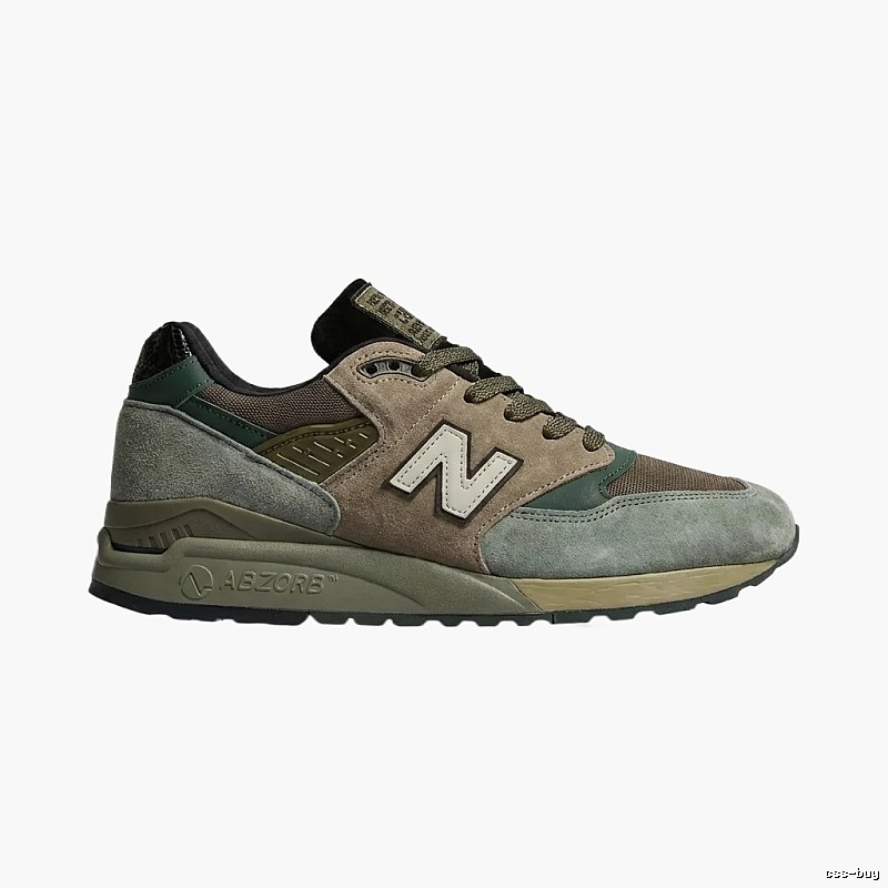 New Balance retro-style gray-green-brown running shoes