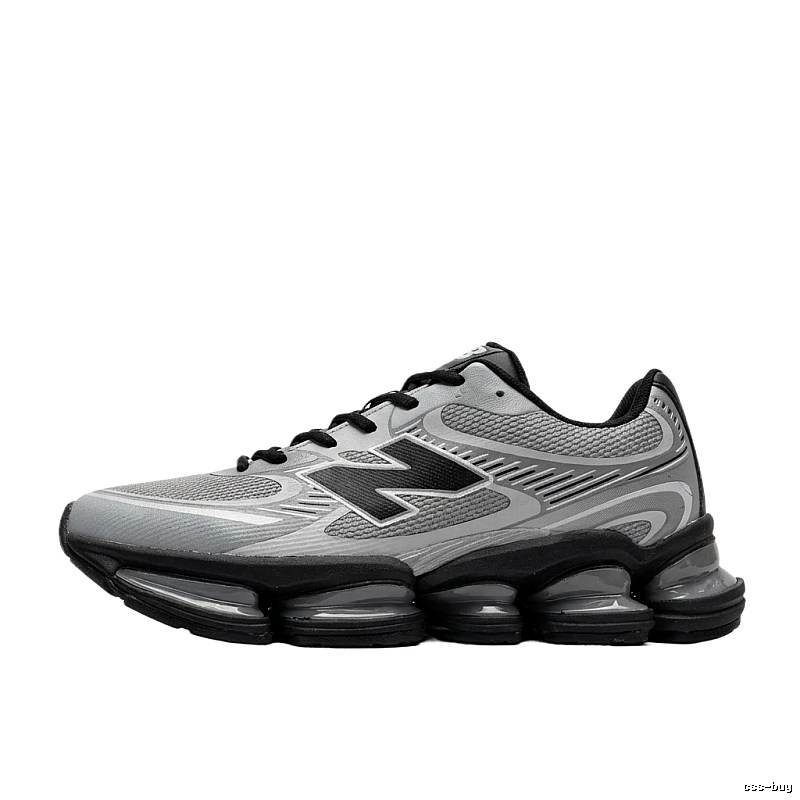 New Balance retro-style grey and black athletic shoes.