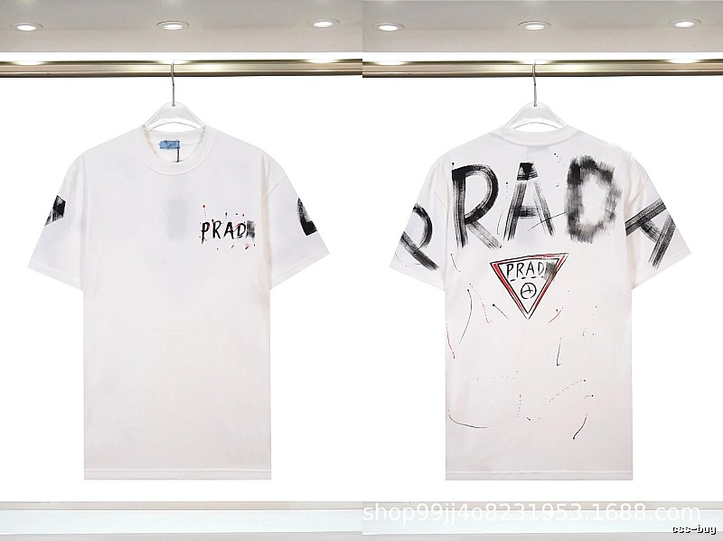 Prada Triangle Logo Graffiti Street Style White Short-sleeve T-shirt