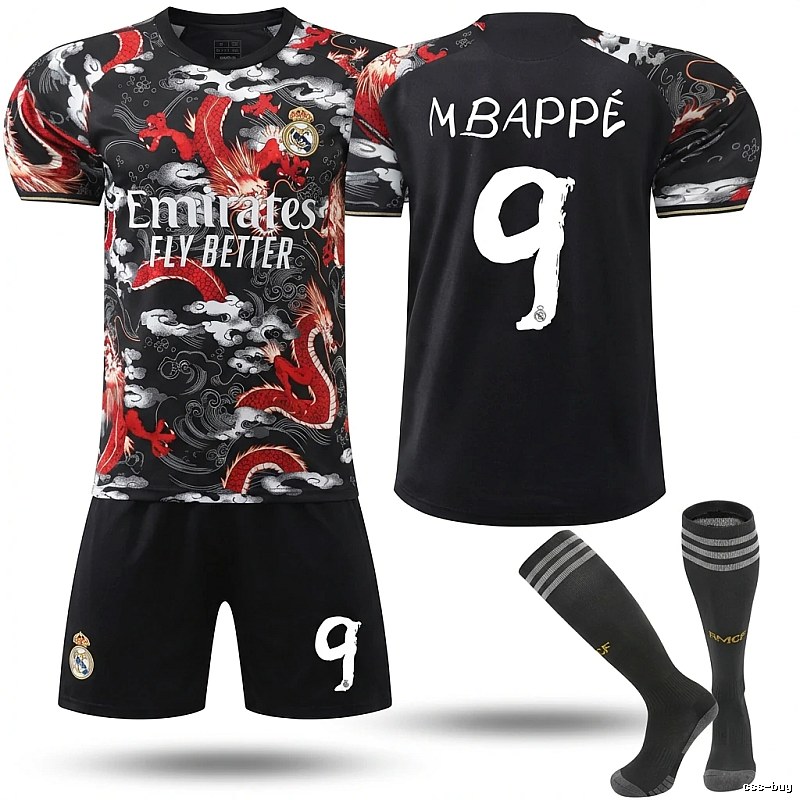 The Real Madrid black jersey with dragon pattern.