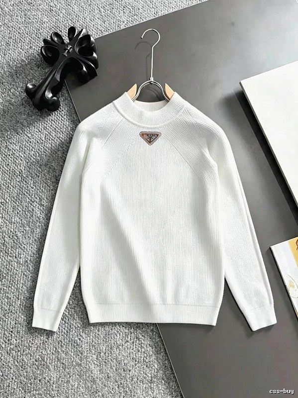 White Crewneck Knit Sweater with Prada Crewneck Sweater with Zip Detail